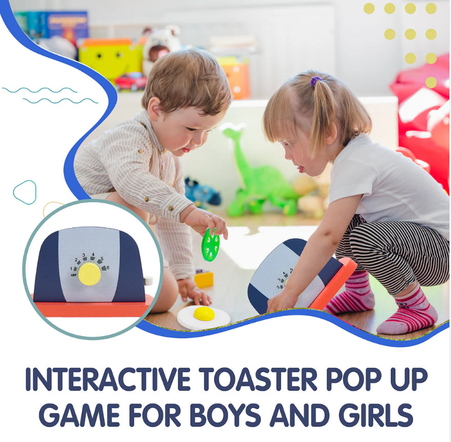 Wooden Pop Up Toaster Set | 7 Piece Accessory Play Kitchen Wooden Toaster Toy For Children Ages 3-6