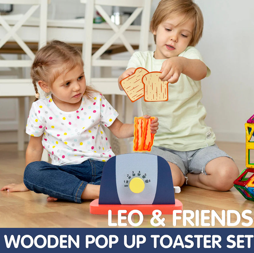 Wooden Pop Up Toaster Set | 7 Piece Accessory Play Kitchen Wooden Toaster Toy For Children Ages 3-6