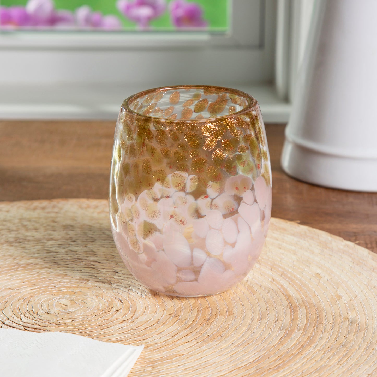 Stemless Hand Blown Glass Gold and Pink
