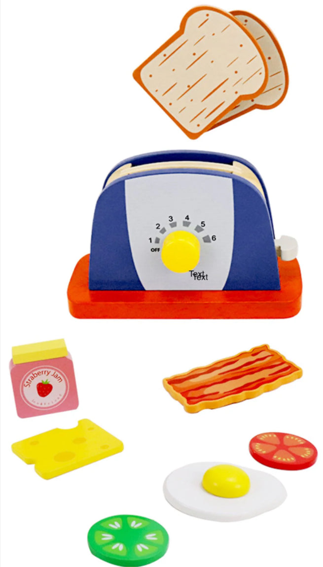 Wooden Pop Up Toaster Set | 7 Piece Accessory Play Kitchen Wooden Toaster Toy For Children Ages 3-6