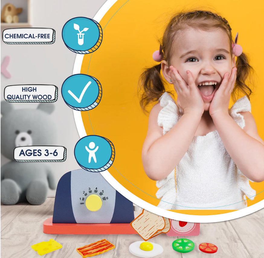 Wooden Pop Up Toaster Set | 7 Piece Accessory Play Kitchen Wooden Toaster Toy For Children Ages 3-6