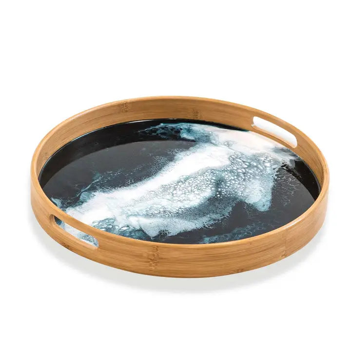 Round Bamboo Resin Serving Tray Caribbean Blue