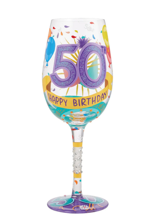 “Happy 50th Birthday” Hand-Painted Wine Glass 15 oz