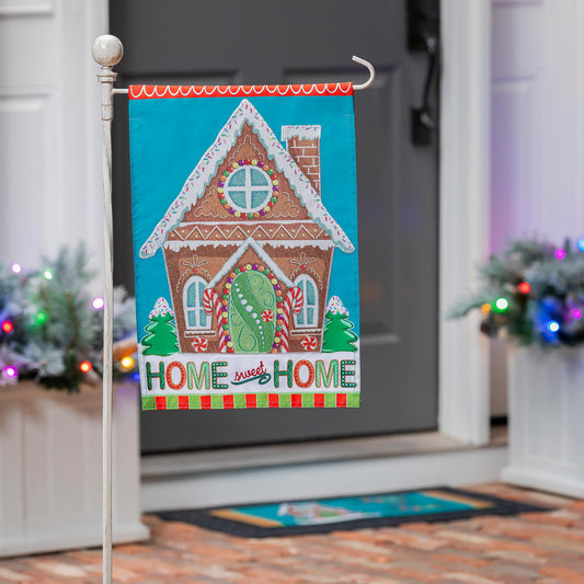 Gingerbread Home Sweet Home Applique Garden Flag (Blue)