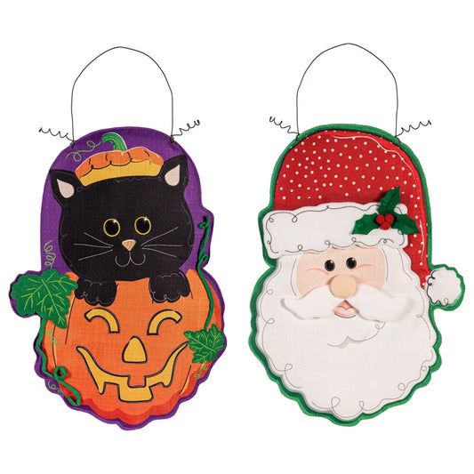 Jack O' Lantern & Black Cat/Santa Double Sided Estate Door Decor