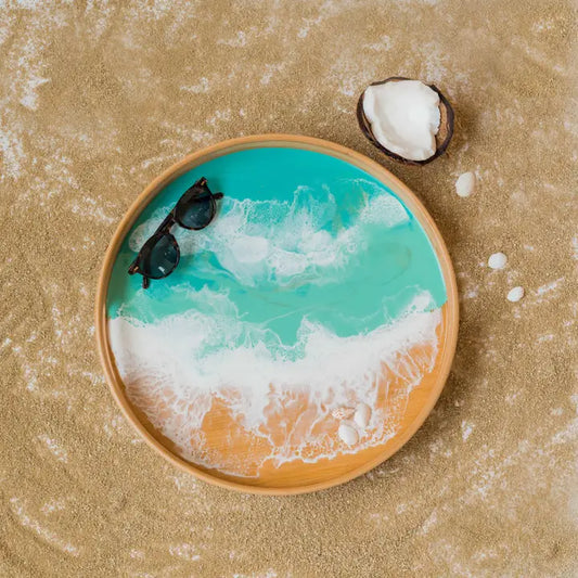 Round Bamboo Resin Serving Tray Caribbean Blue