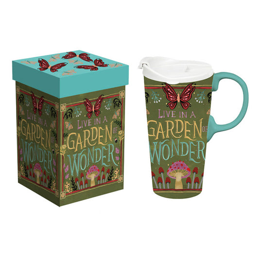 Ceramic Perfect Travel Cup, 17oz., w/ Gift Box, Live in a Garden of Wonder